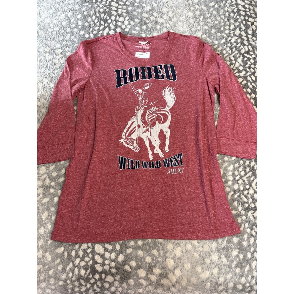 Ariat Womens Wild Rodeo Wild West Graphic Tee Rhubarb Red 3/4 Sleeve M NWT